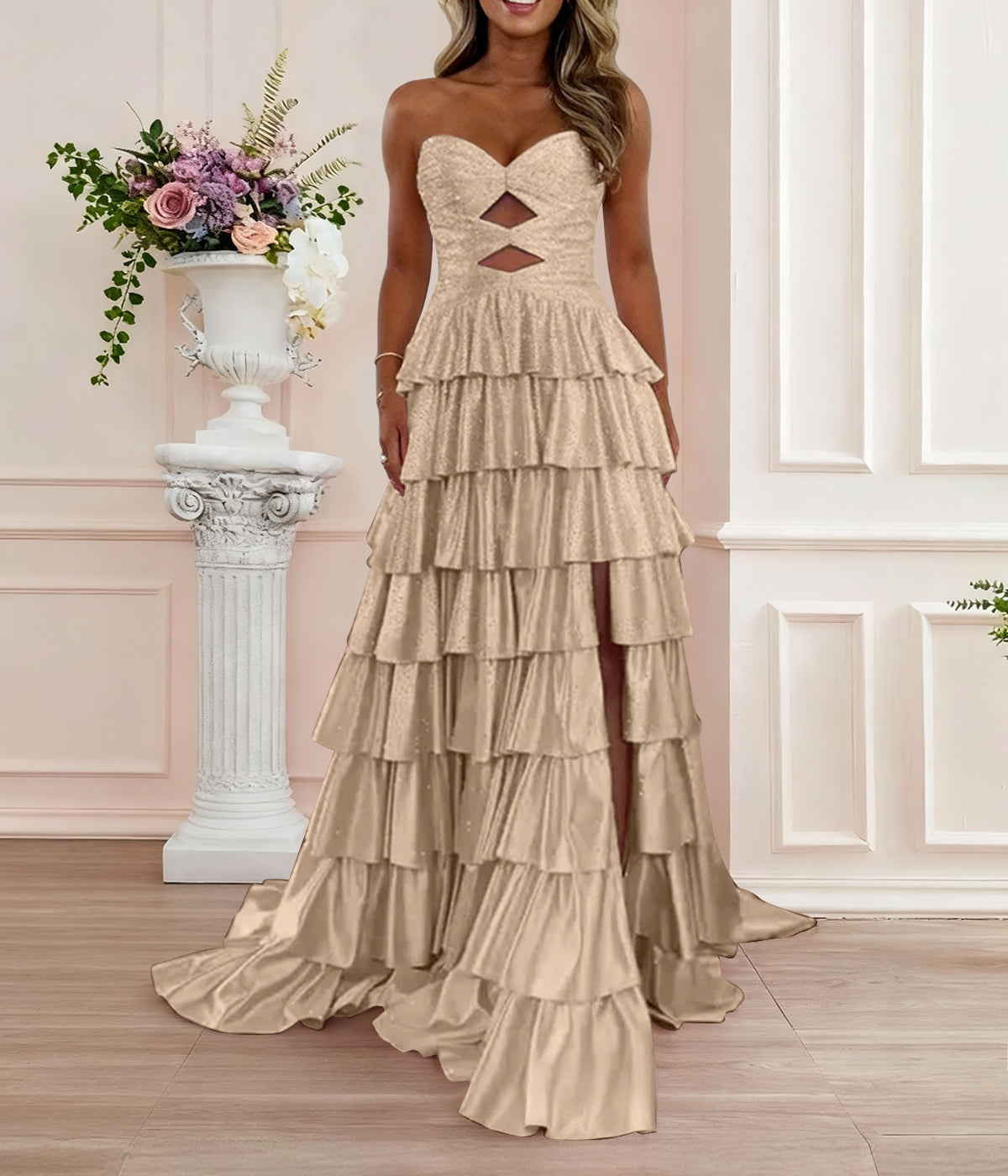A Line Strapless Sweetheart Satin Prom Dress with Keyhole