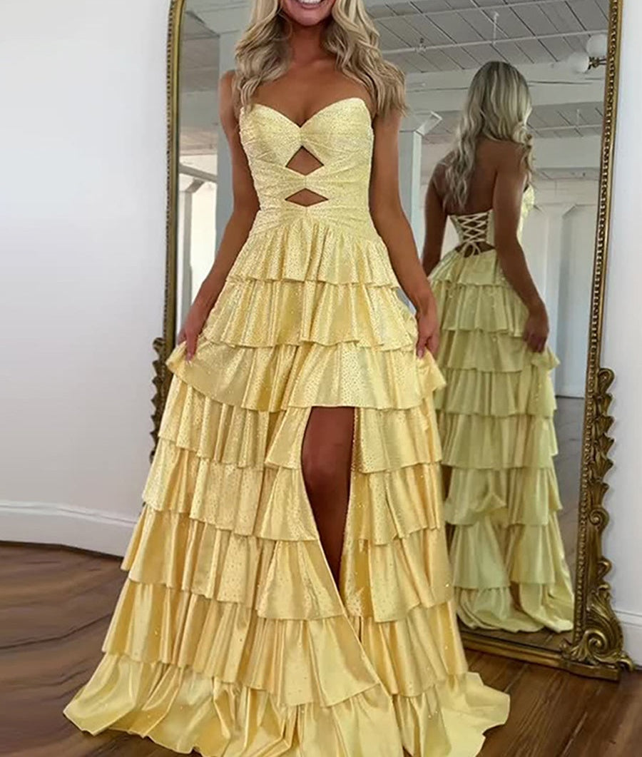 A Line Strapless Sweetheart Satin Prom Dress with Keyhole