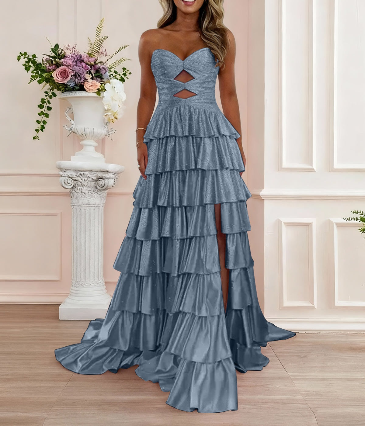 A Line Strapless Sweetheart Satin Prom Dress with Keyhole