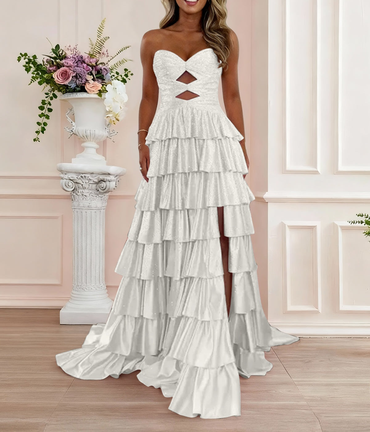 A Line Strapless Sweetheart Satin Prom Dress with Keyhole