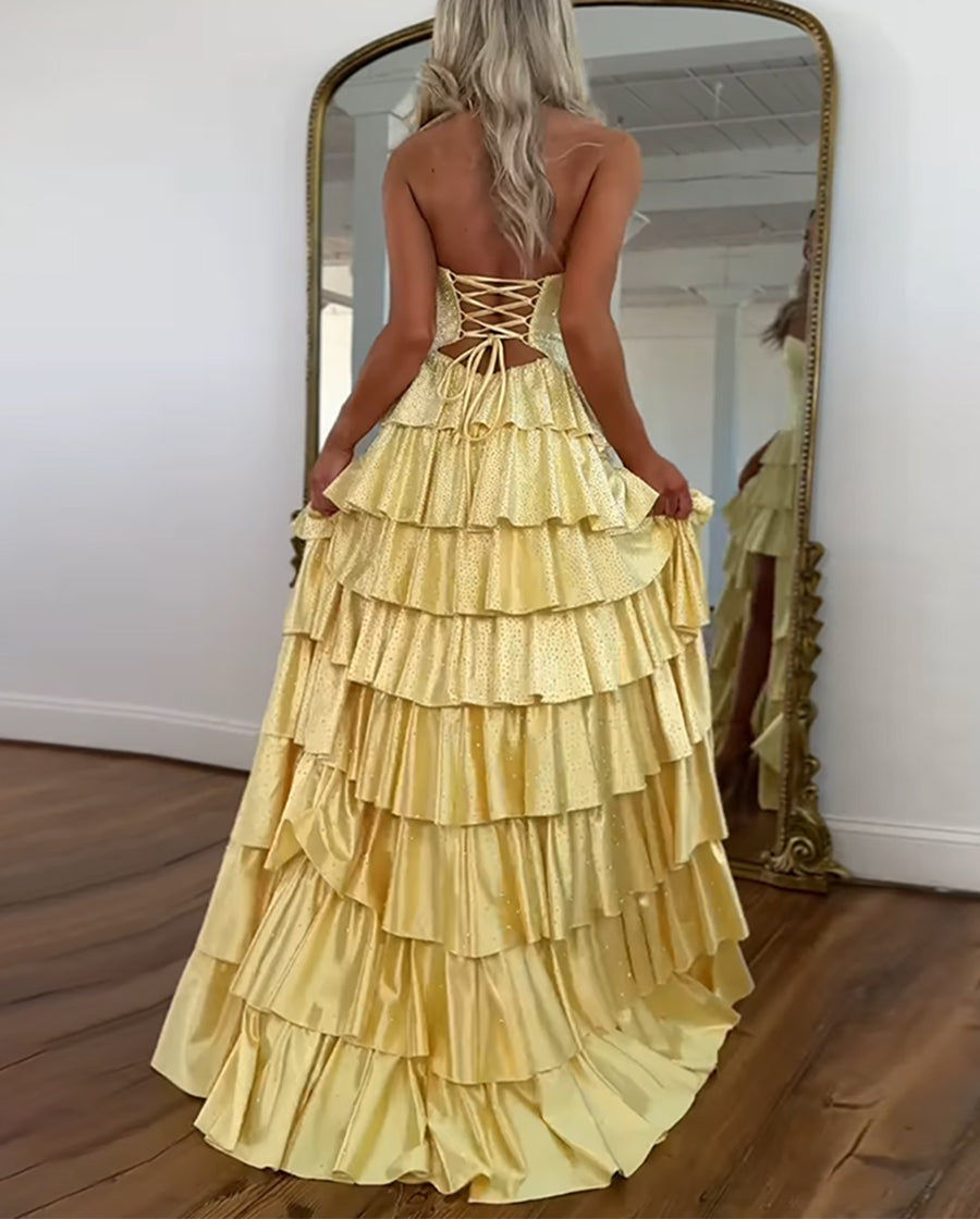 A Line Strapless Sweetheart Satin Prom Dress with Keyhole