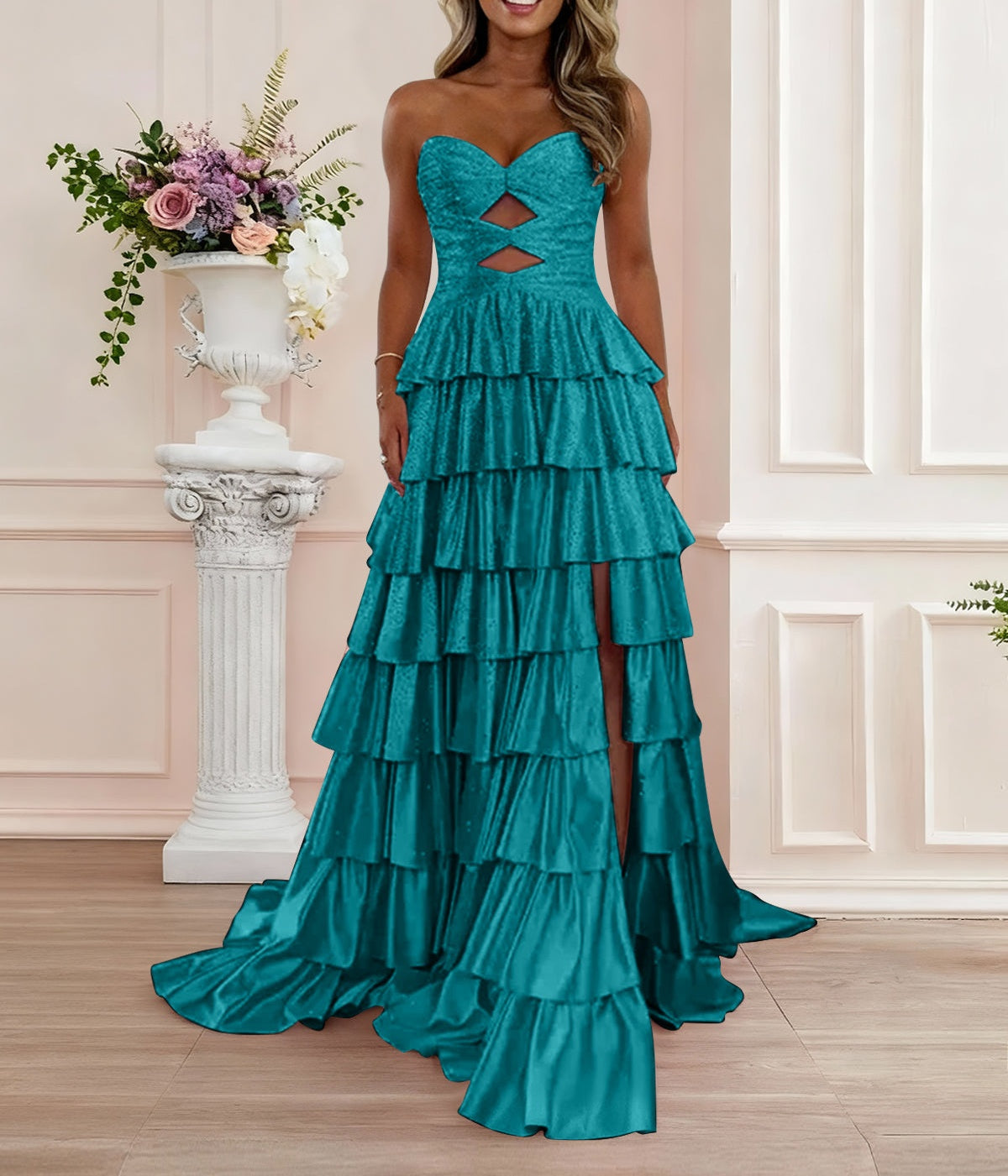 A Line Strapless Sweetheart Satin Prom Dress with Keyhole