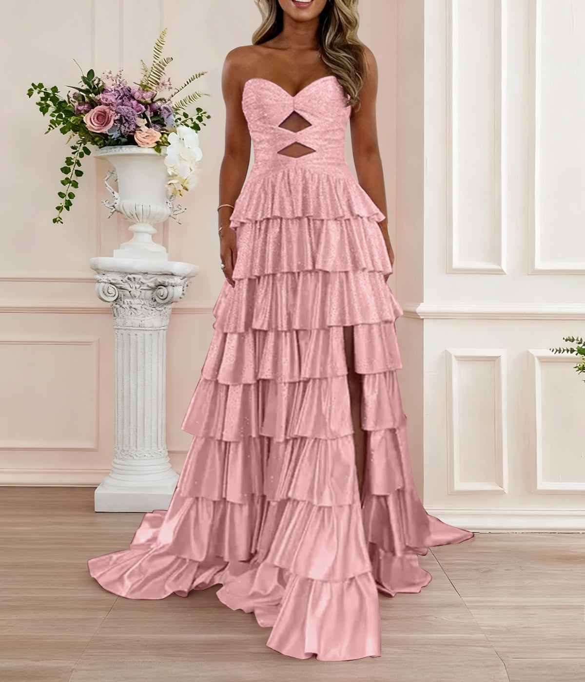 A Line Strapless Sweetheart Satin Prom Dress with Keyhole