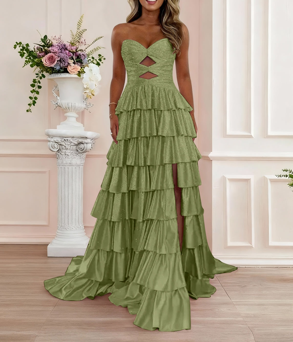 A Line Strapless Sweetheart Satin Prom Dress with Keyhole
