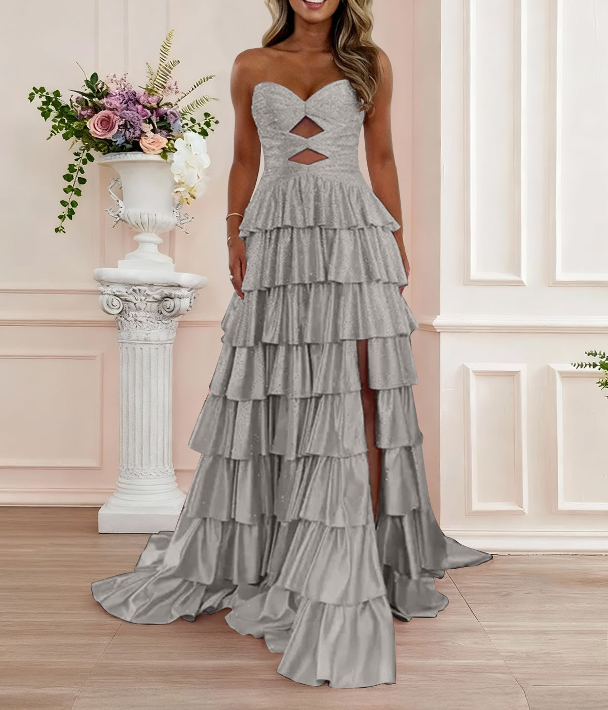 A Line Strapless Sweetheart Satin Prom Dress with Keyhole