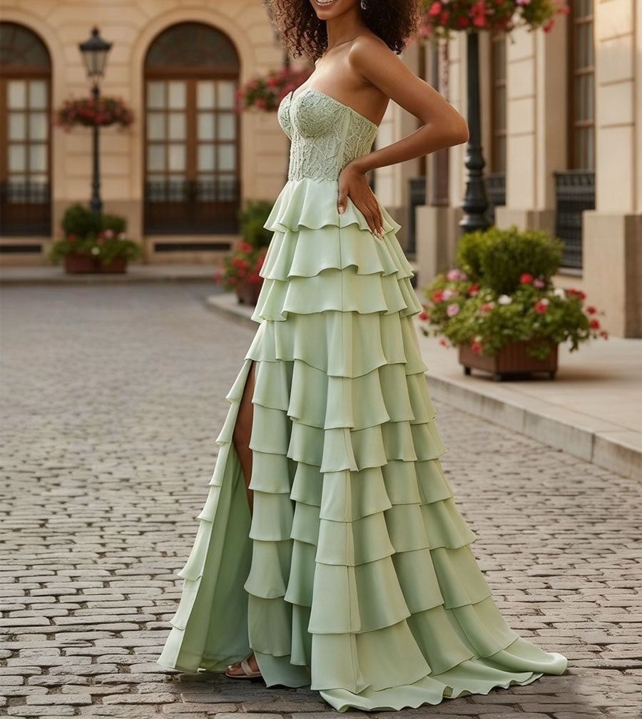 Sage Green Strapless Tiered Ruffle Prom Dress with Floral Lace Bodice