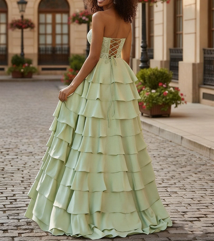 Sage Green Strapless Tiered Ruffle Prom Dress with Floral Lace Bodice