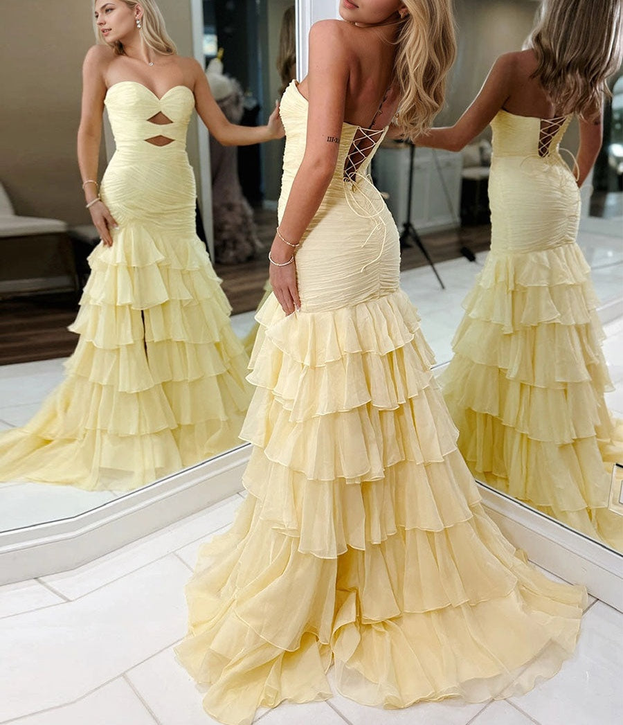 Yellow Strapless Mermaid Cutouts Ruffled Tiered Corset Back Prom Dress with Slit