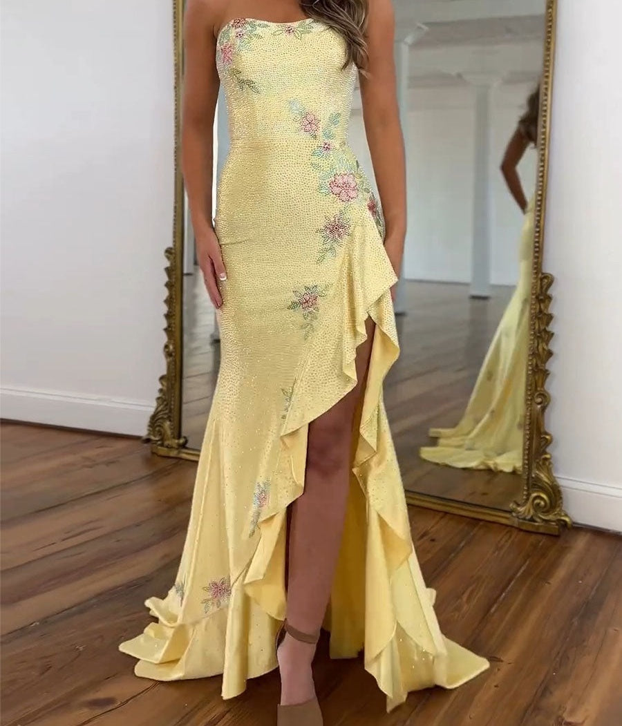 Yellow Strapless Floral Rhinestone Prom Dress with Corset Back