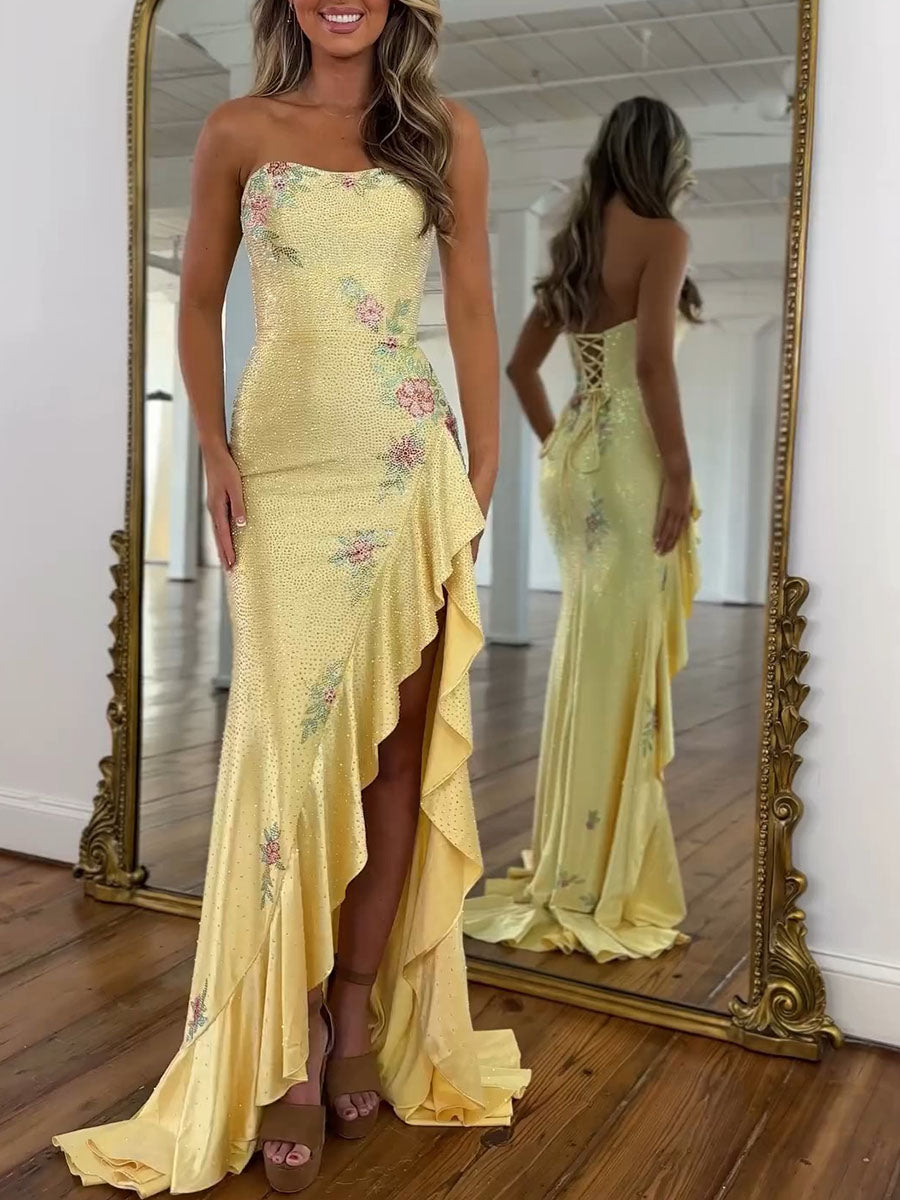 Yellow Strapless Floral Rhinestone Prom Dress with Corset Back