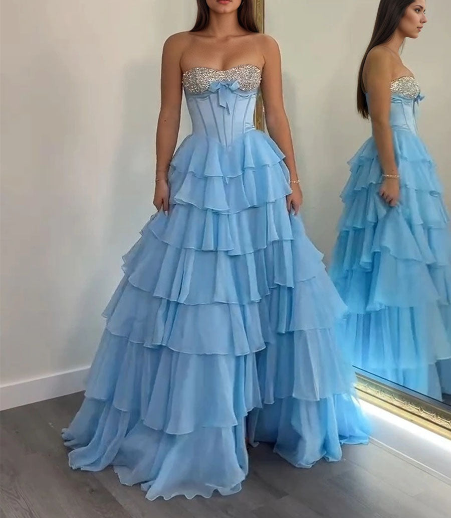 A Line Sweetheart Tiered Chiffon Long Prom Dress with Beading