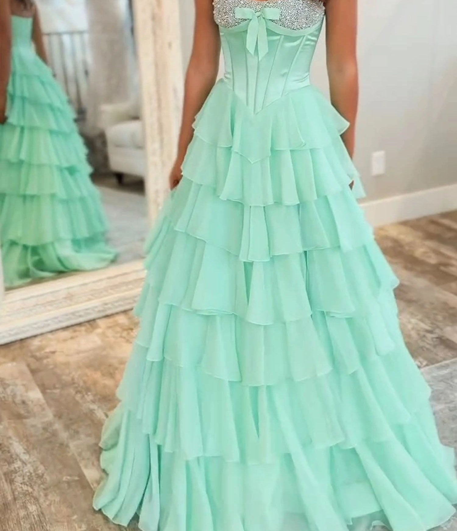 A Line Sweetheart Tiered Chiffon Long Prom Dress with Beading