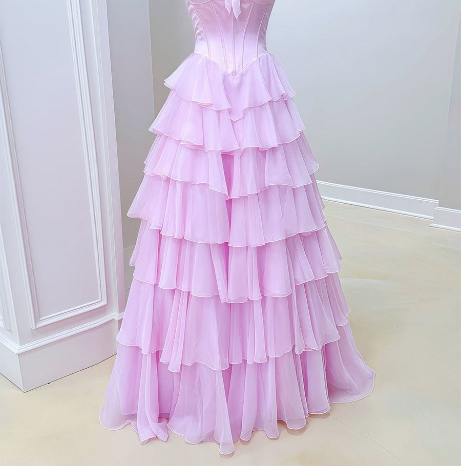 A Line Sweetheart Tiered Chiffon Long Prom Dress with Beading