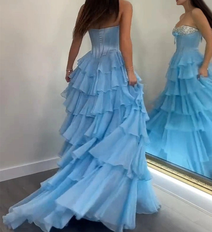 A Line Sweetheart Tiered Chiffon Long Prom Dress with Beading