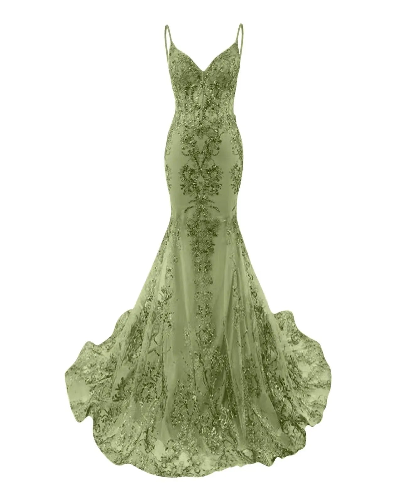 Trumpet/Mermaid Spaghetti Straps Sparkly Sequin Lace Applique Long Prom Dress
