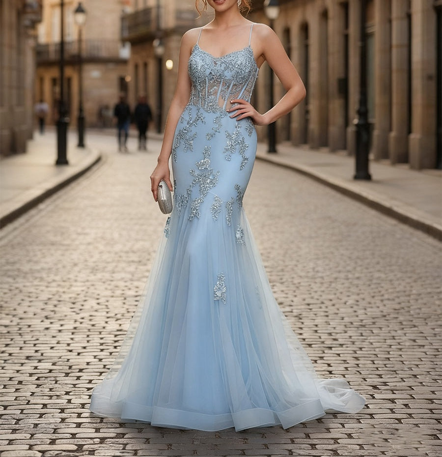Spaghetti Straps Appliques Lace Tulle Corset Long Prom Dress