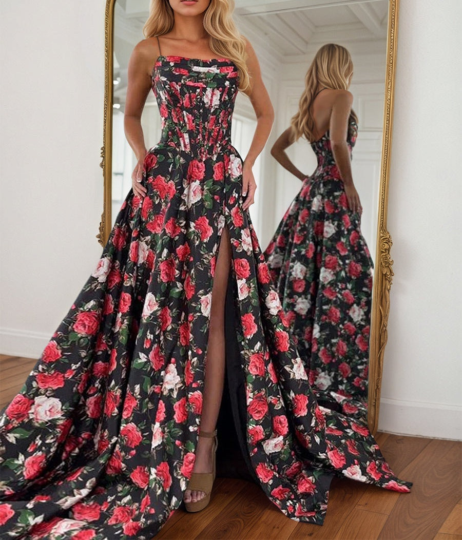 A Line Strapless Floral Satin Prom Dress with Slit