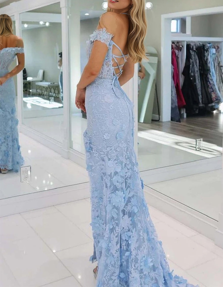 3D Floral Lace Off the Shoulder Corset Long Prom Dress with Slit