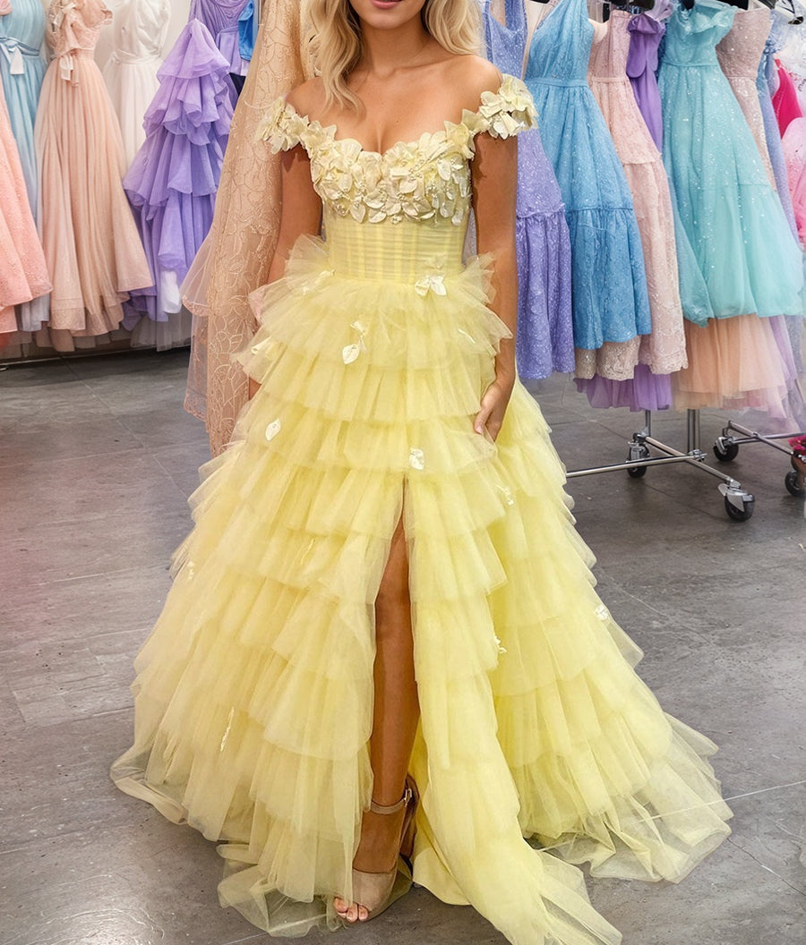 3D Floral Lace Off-the-Shoulder Ruffle Tiered Prom Dress