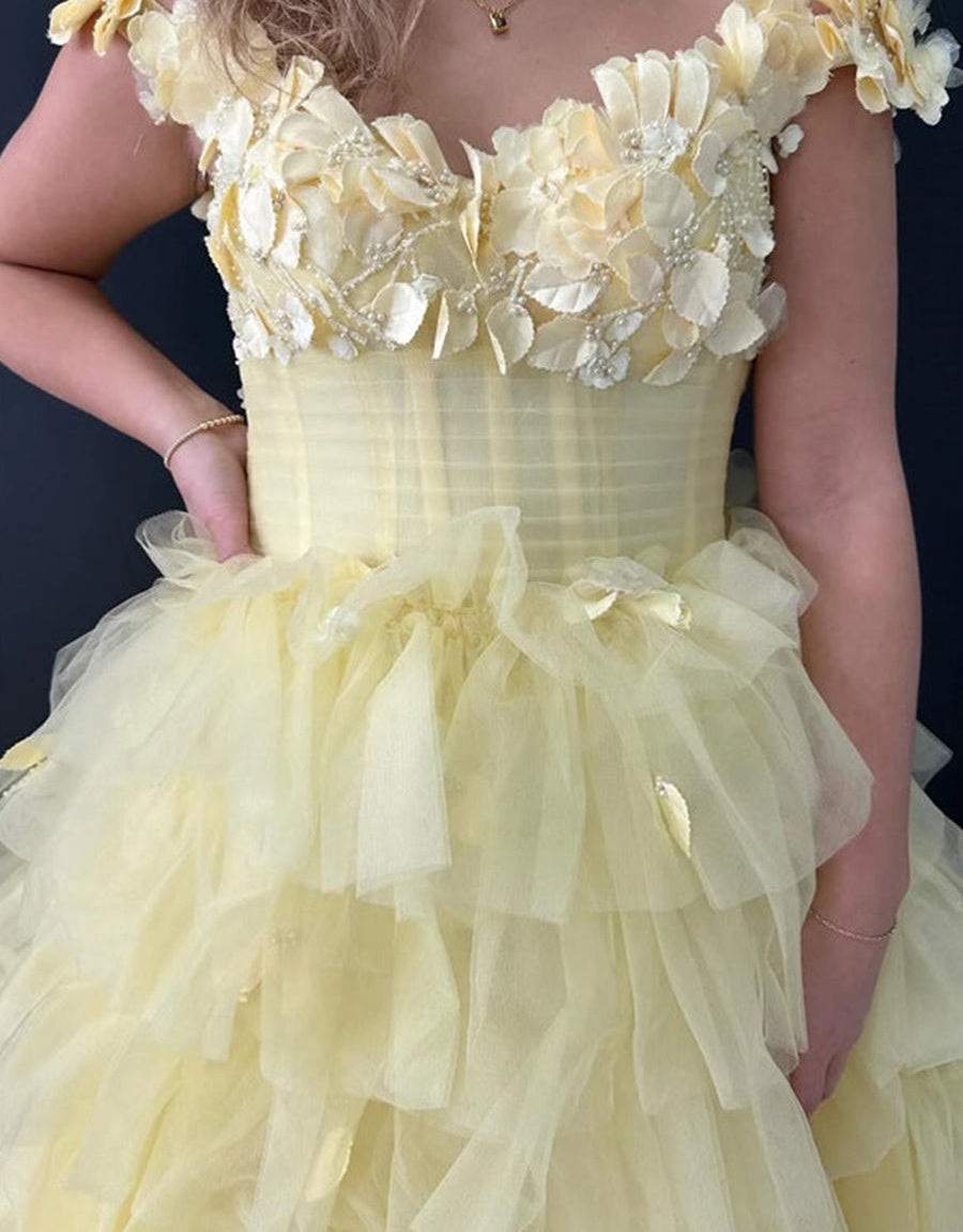 3D Floral Lace Off-the-Shoulder Ruffle Tiered Prom Dress