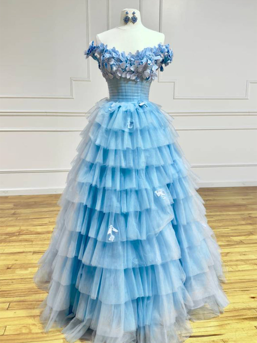 3D Floral Lace Off-the-Shoulder Ruffle Tiered Prom Dress