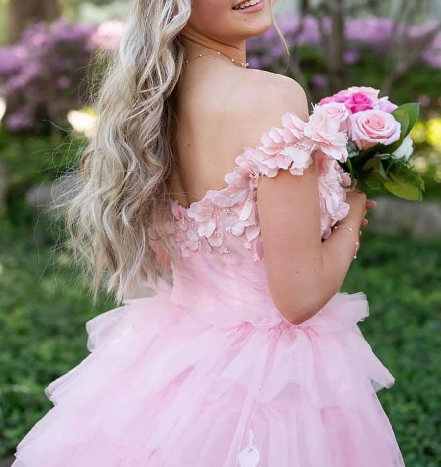 3D Floral Lace Off-the-Shoulder Ruffle Tiered Prom Dress