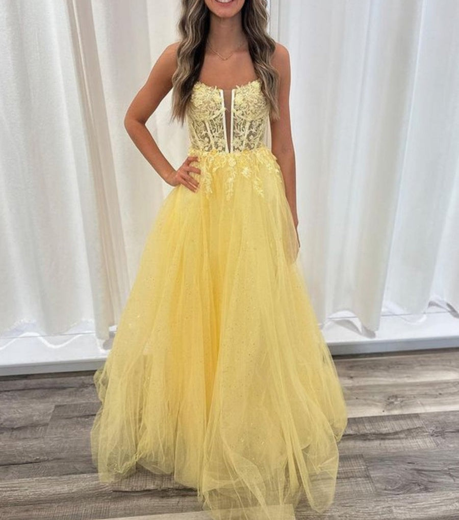 A Line V Neck Backless Lace Long Prom Dress