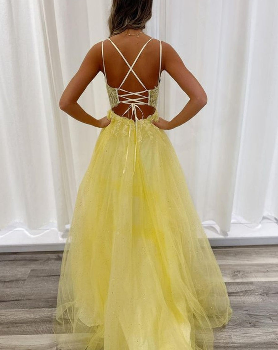 A Line V Neck Backless Lace Long Prom Dress