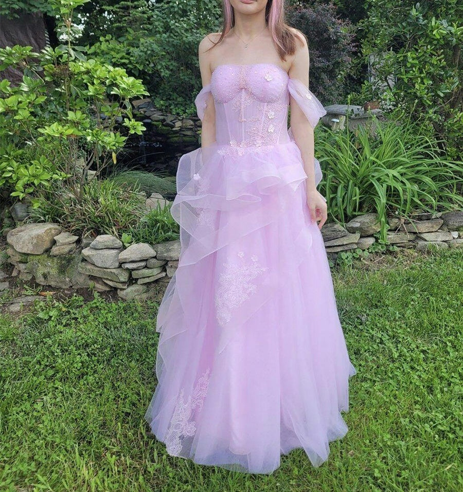A Line Off-the-Shoulder Appliques Lace Tulle Long Corset Prom Dress