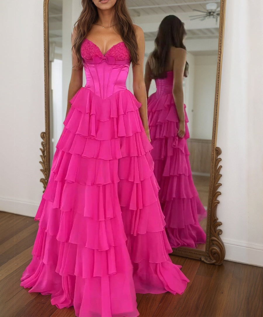 A Line Tiered Strapless Corset Long Prom Dress with Slit