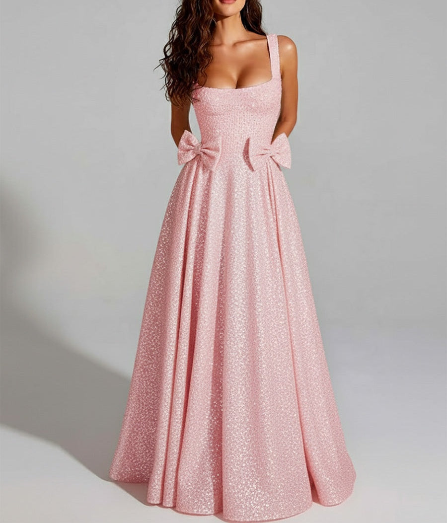 Sparkly A Line Square Neck Long Prom Dress