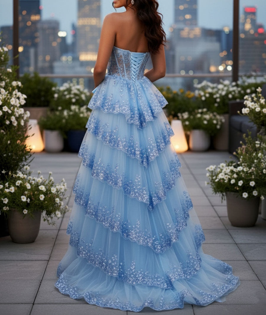 Sparkly Lace Strapless Ruffle Tiered Prom Dress with Bow