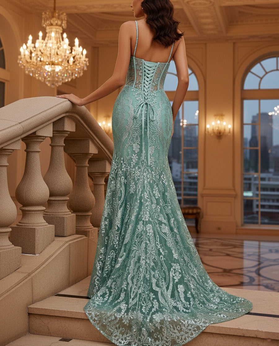 Mermaid V Neck Sheer-Corset Long Glitter-Print Prom Dress