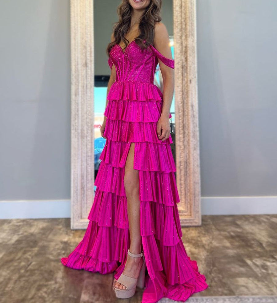A Line Off the Shoulder Tiered Beaded Prom Dress with Slit