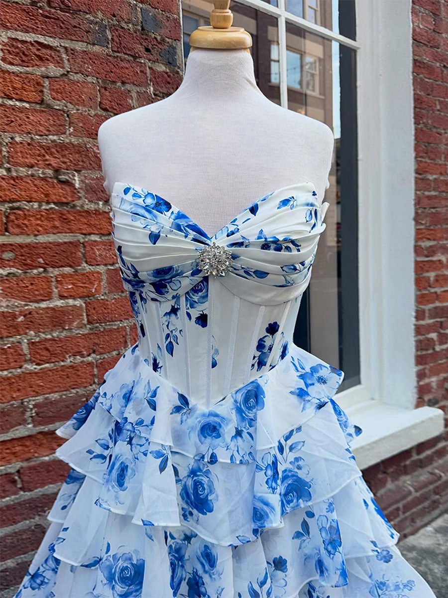 A-Line Strapless V-Neck Tiered Printing Long Prom Dress