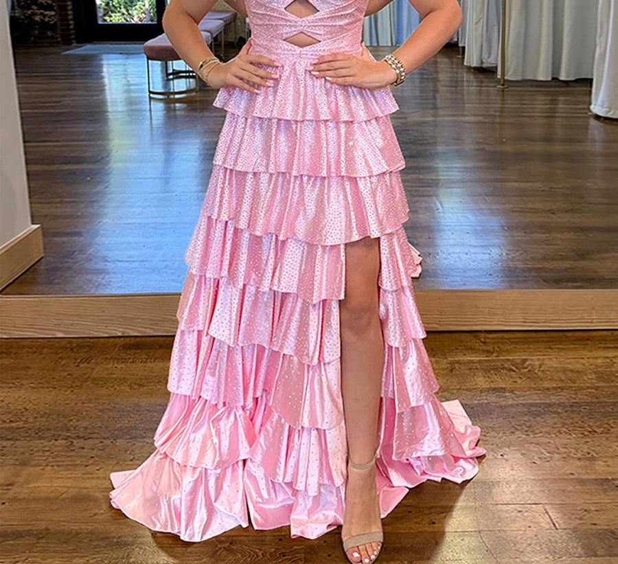 A Line Strapless Sweetheart Satin Long Prom Dress with Keyhole