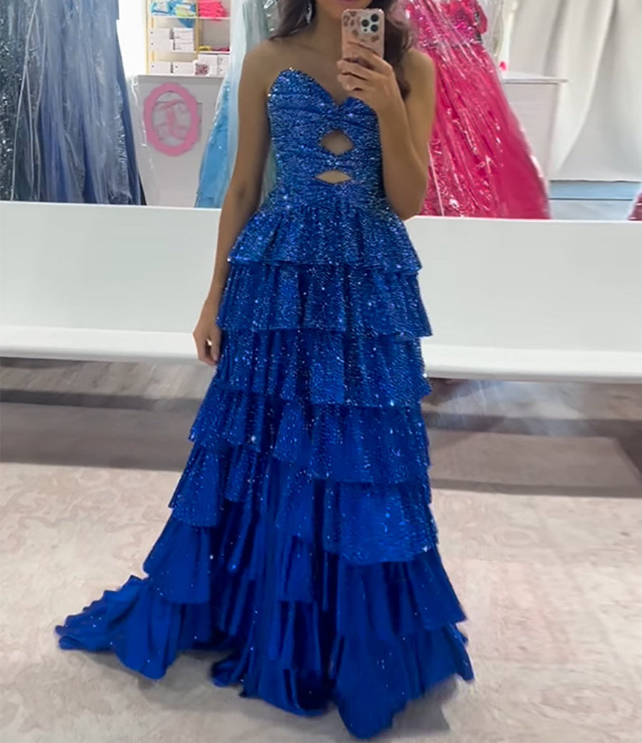 A Line Strapless Sweetheart Satin Long Prom Dress with Keyhole