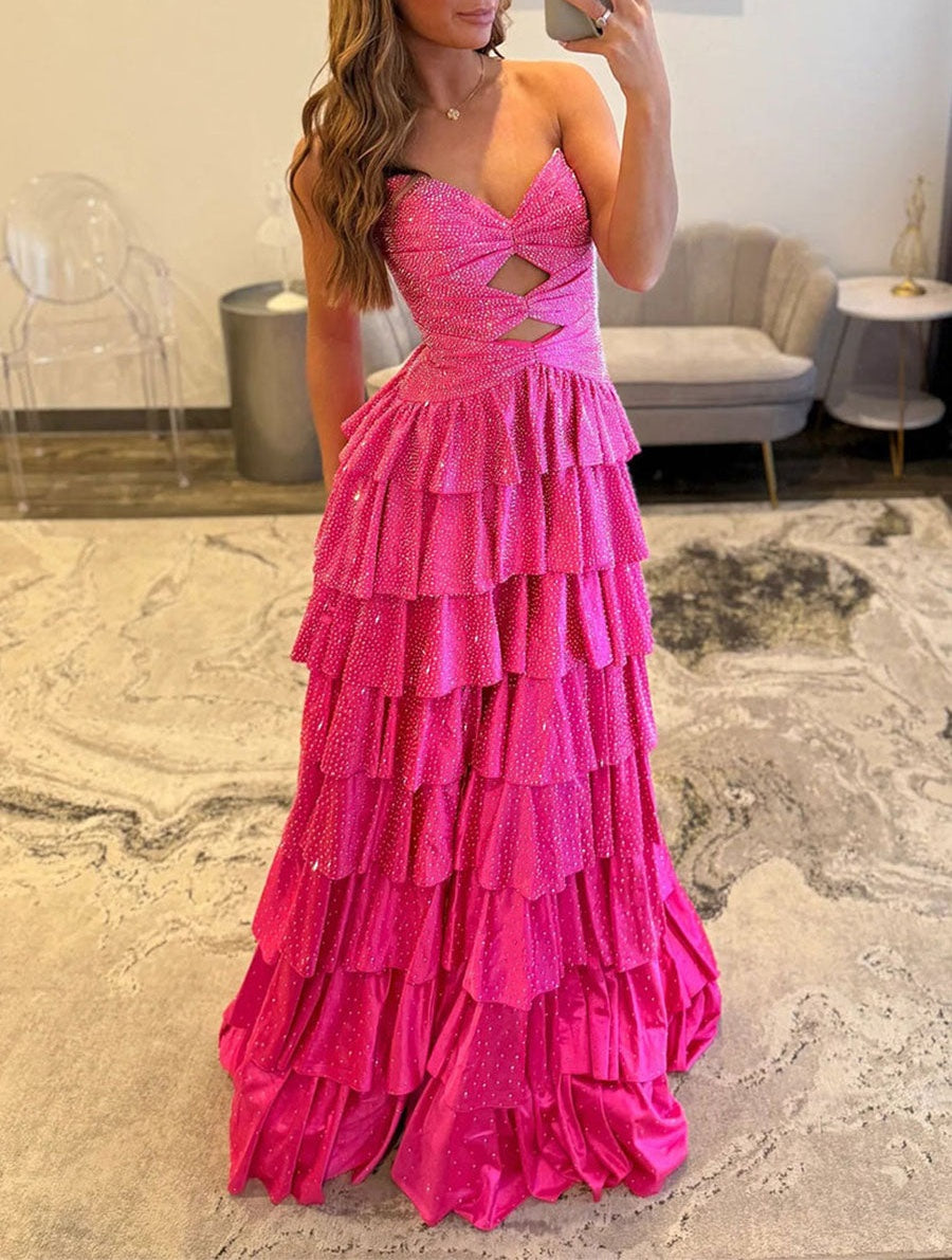 A Line Strapless Sweetheart Satin Long Prom Dress with Keyhole