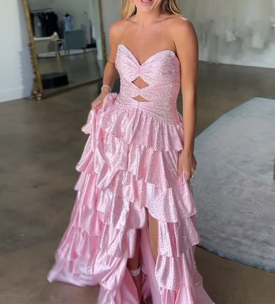 A Line Strapless Sweetheart Satin Long Prom Dress with Keyhole