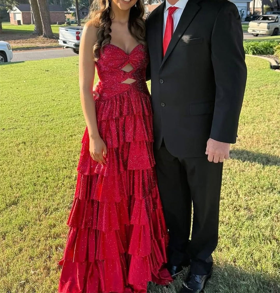 A Line Strapless Sweetheart Satin Long Prom Dress with Keyhole