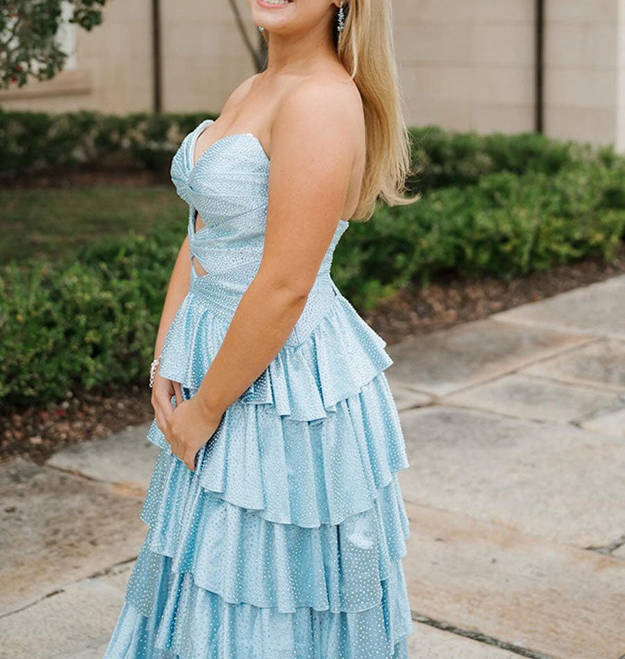 A Line Strapless Sweetheart Satin Long Prom Dress with Keyhole