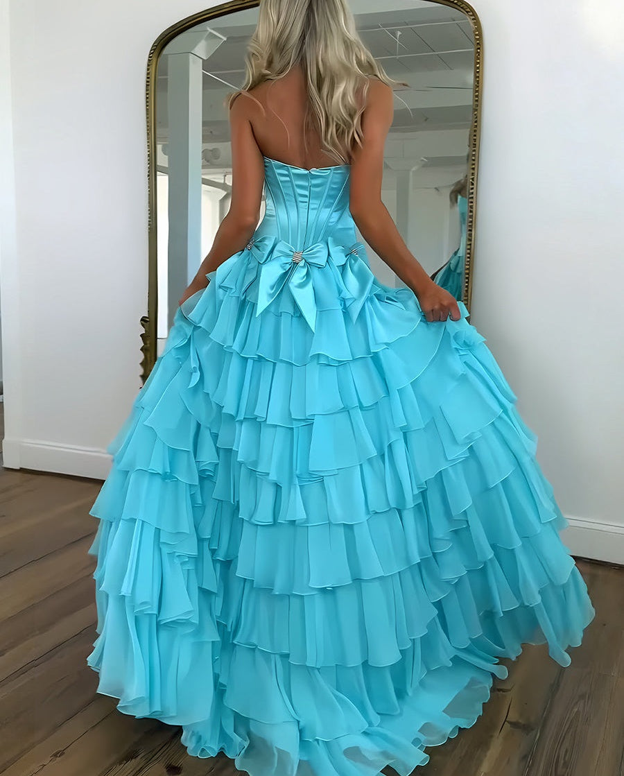 Princess Strapless Tiered A-Line Long Prom Dress with Slit