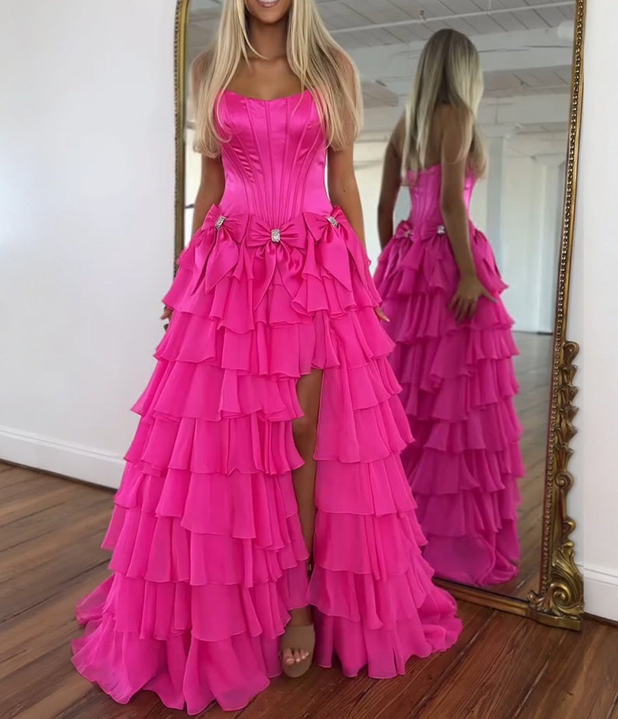 Princess Strapless Tiered A-Line Long Prom Dress with Slit