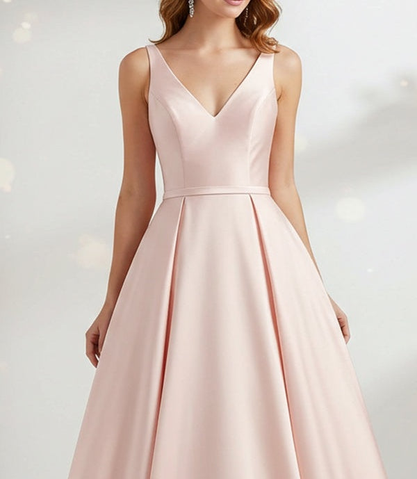 Pink Sheath/Column V-Neck Floor-Length Satin Prom Dress