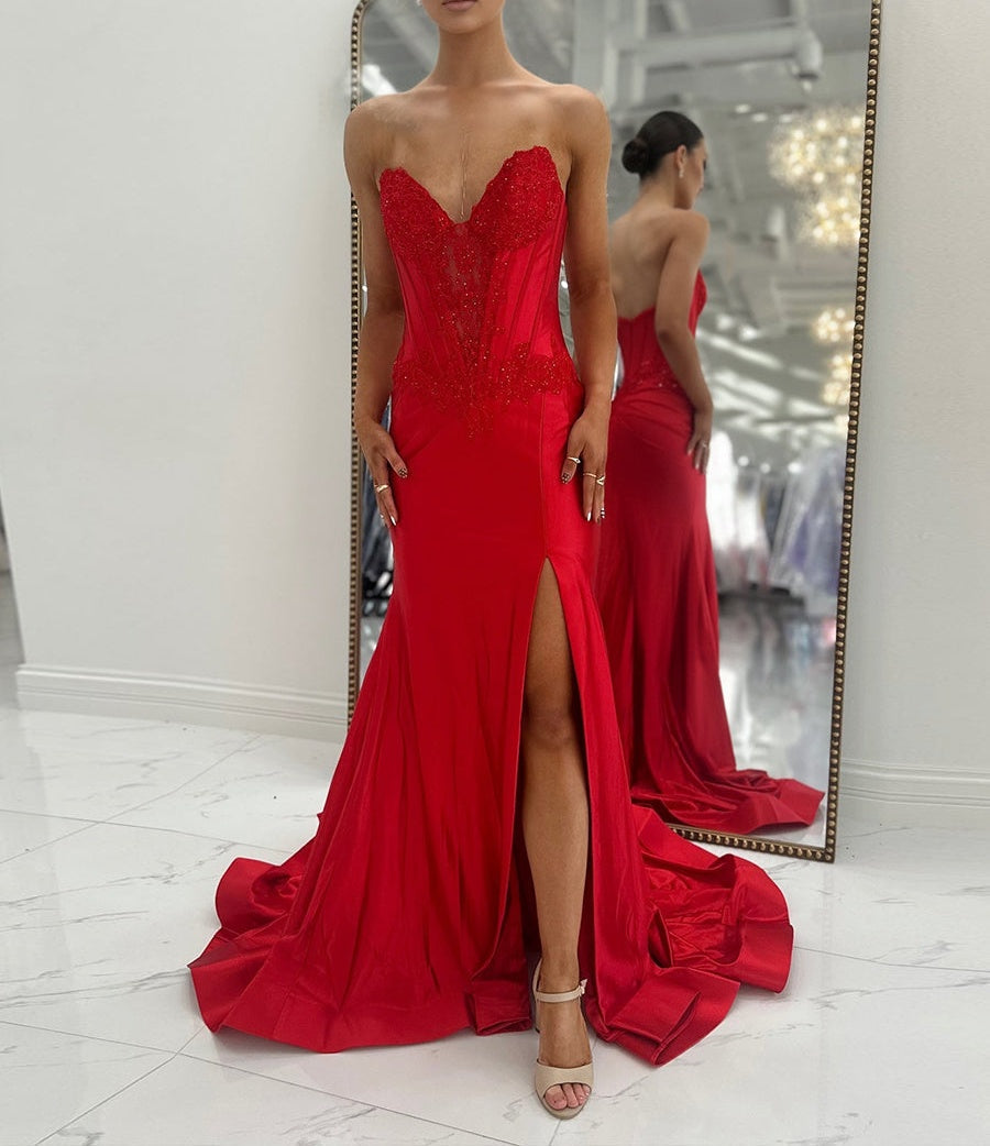Red Strapless Corset Satin Prom Dress with High Slit