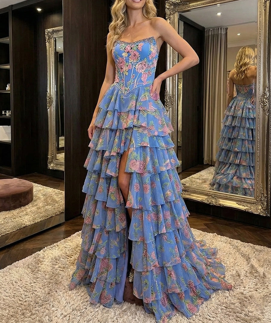 Whimsical Pink Floral Tiered Ruffles Corset Prom Dress with Slit