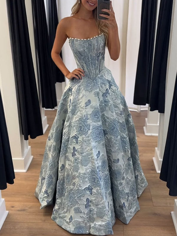A Line Prom Dresses 3D Floral Strapless Evening Party Dresses with Bead