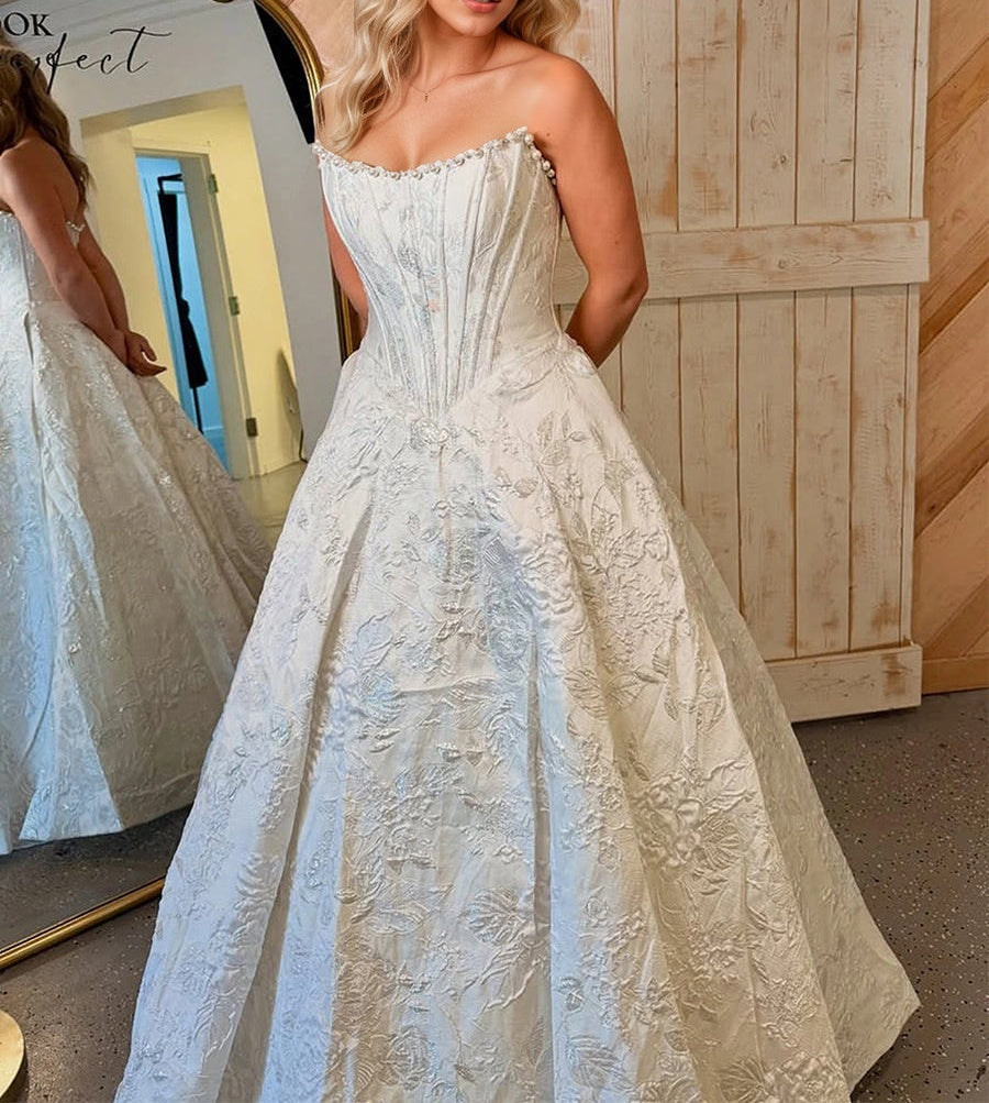 A Line Prom Dresses 3D Floral Strapless Evening Party Dresses with Bead