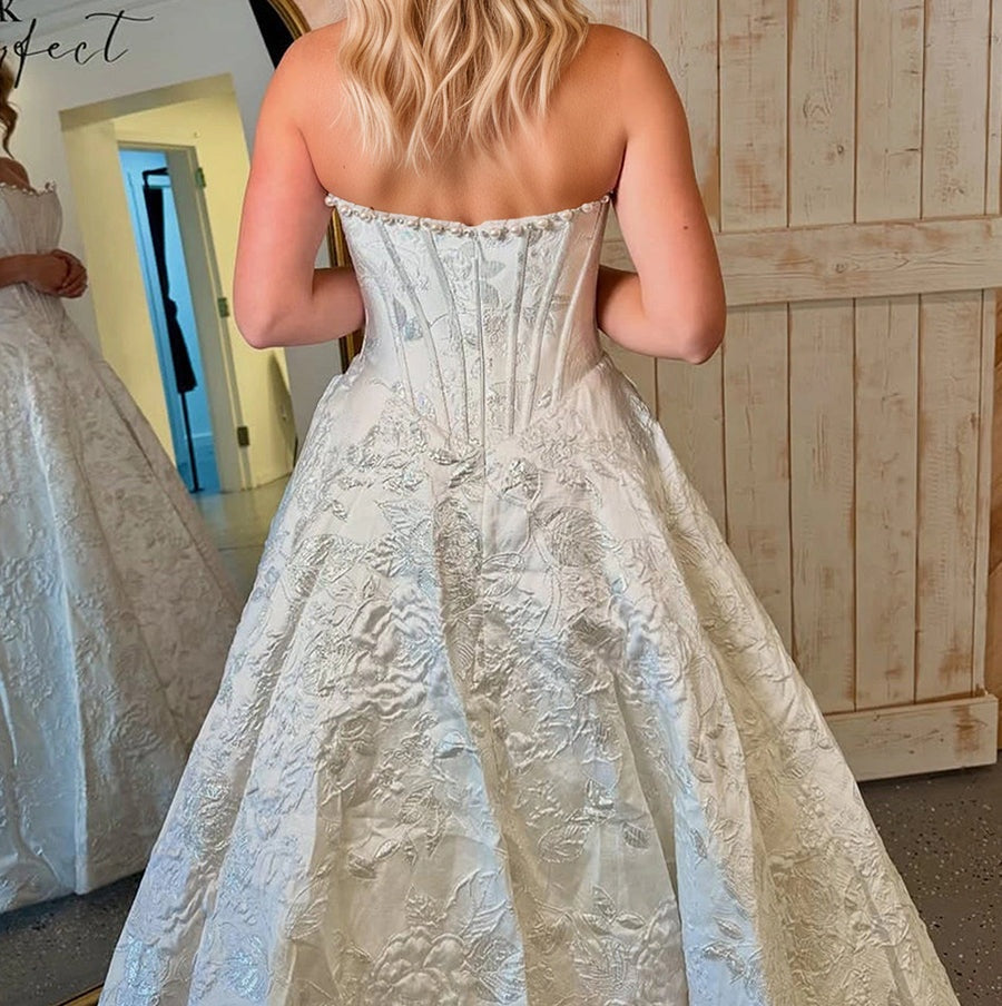 A Line Prom Dresses 3D Floral Strapless Evening Party Dresses with Bead