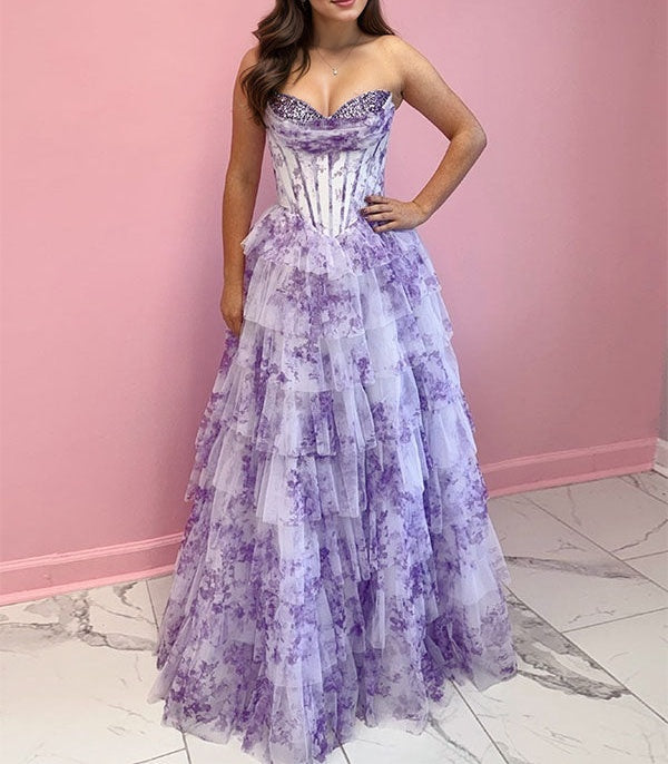 Lavender Floral Strapless Ruffled Tiered Corset Long Prom Dress